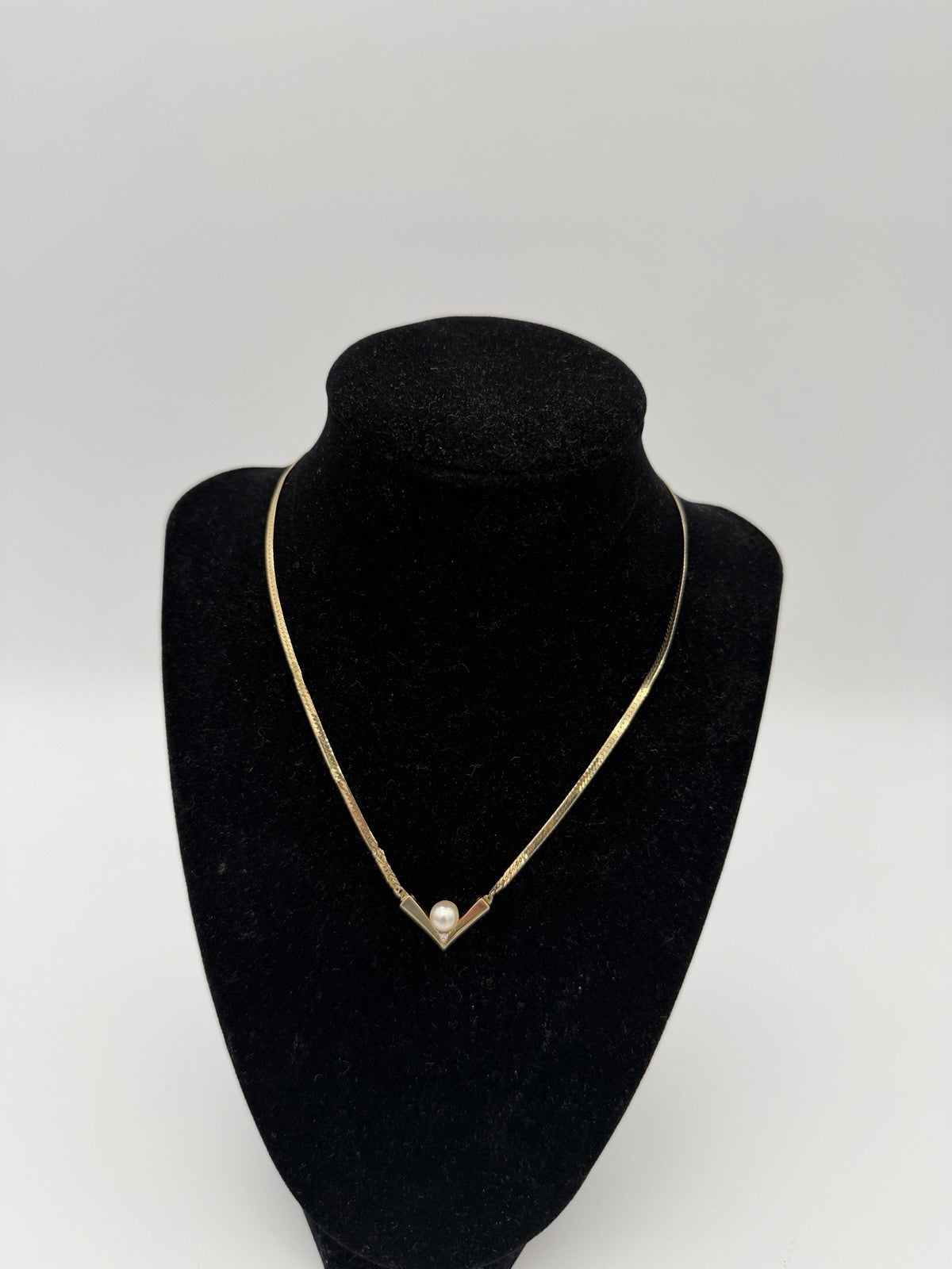 14k Italy Yellow Gold Herringbone V Drop Necklace 16”pearl Diamond 6g
