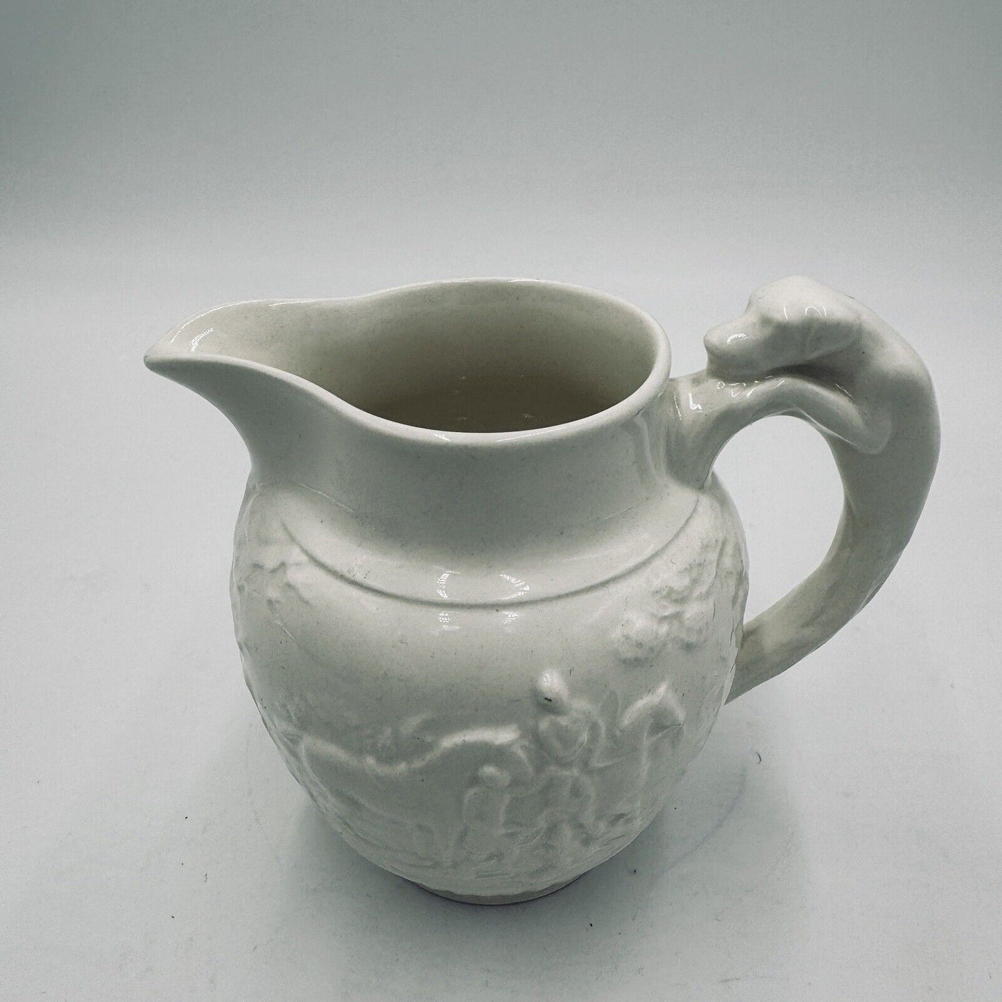 Wedgwood Etruria 4.5” Pitcher Grazed White Hunting Scene Embossed #36 Antique