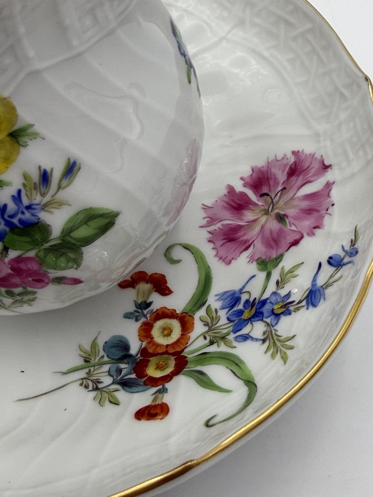 Antique Meissen Neubrandenstein Germany Porcelain Creamer & Saucer Set Floral