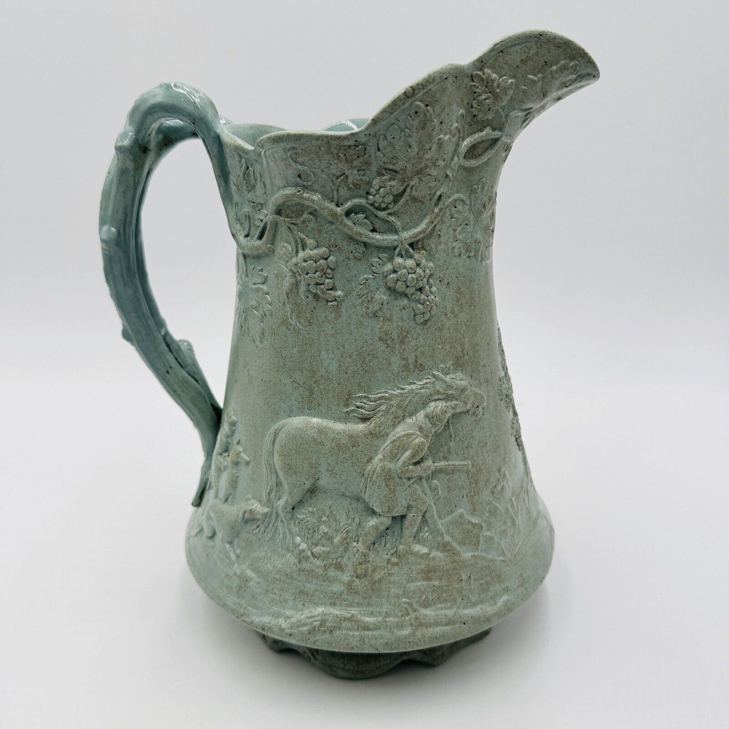 Parian Ware Relief Jug Pitcher Large Green Pottery Embossed Grapes Antique