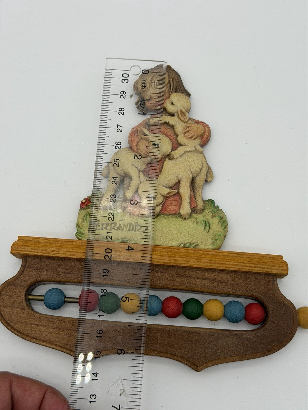 ANRI Ferrandiz Italy wood carving nursery wall decor child w/ lambs abacus