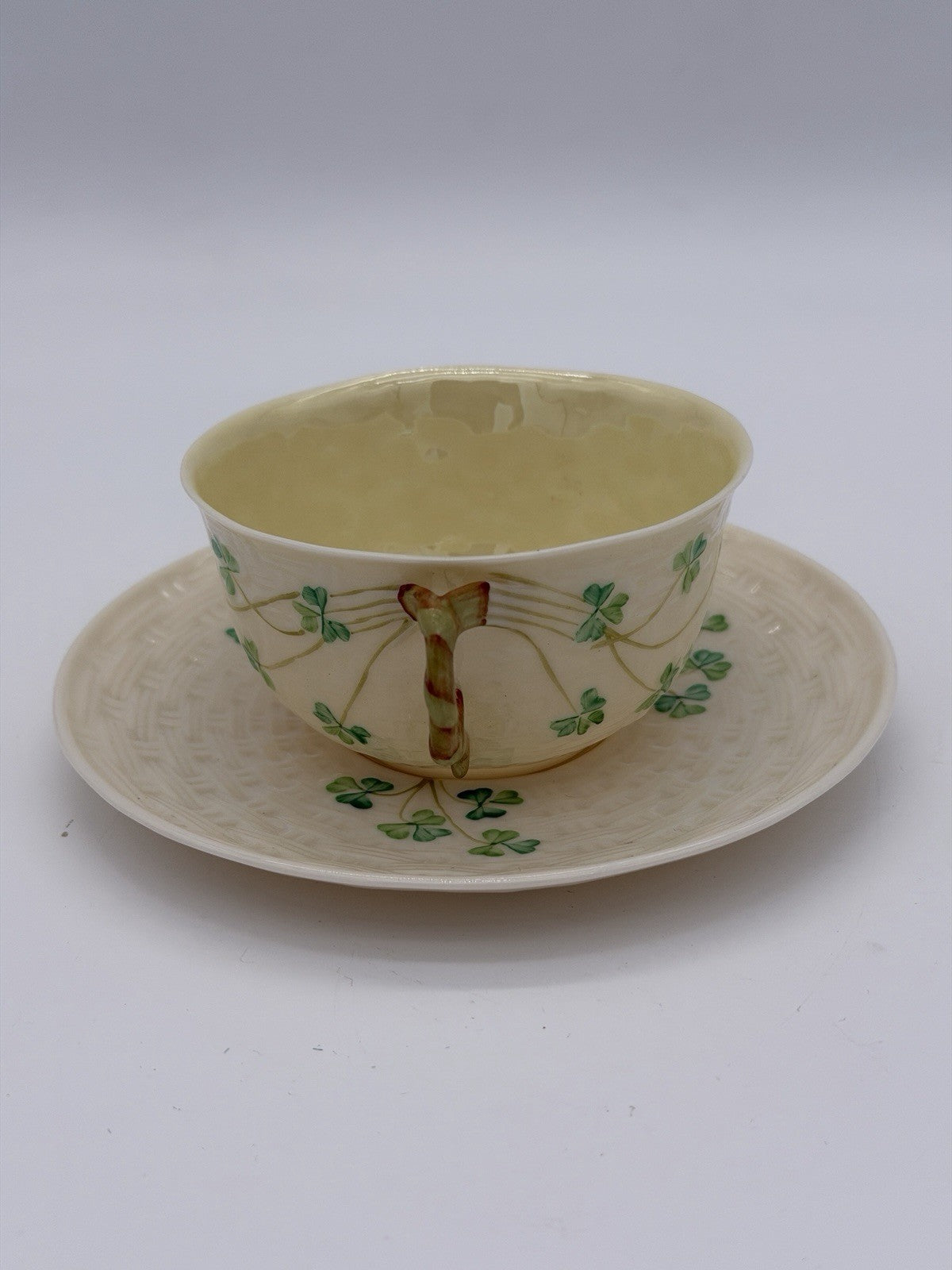 Belleek Irish Porcelain Shamrock Teacup & Saucer 5th Green Mark 1955–1965