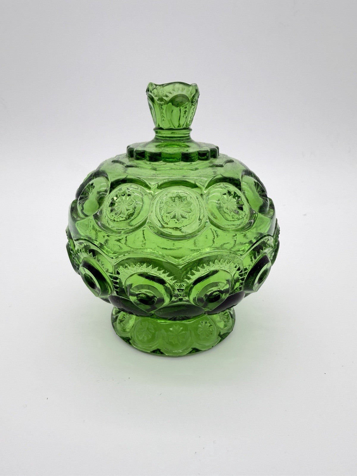 MCM LE Smith Art Glass Moon & Stars Lidded Compote / Candy Dish Green Emerald