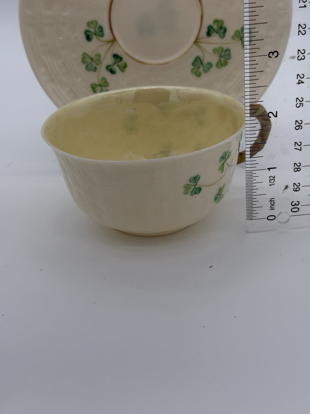 Belleek Ireland Porcelain 2ND GRN/1955 Shamrock Beige Saucer & Teacup Set