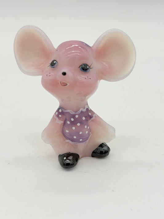 Fenton Art Glass Rosalene Purple Polka Dot Dress Hand Painted Mouse Figurine