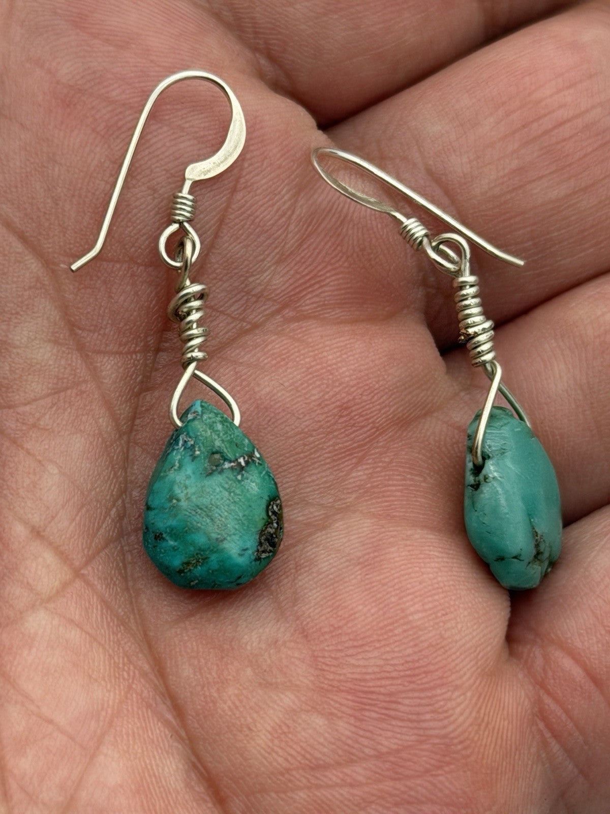 Native Blue Turquoise Nugget Sterling Silver Beads Earrings 1" Women Jewelry