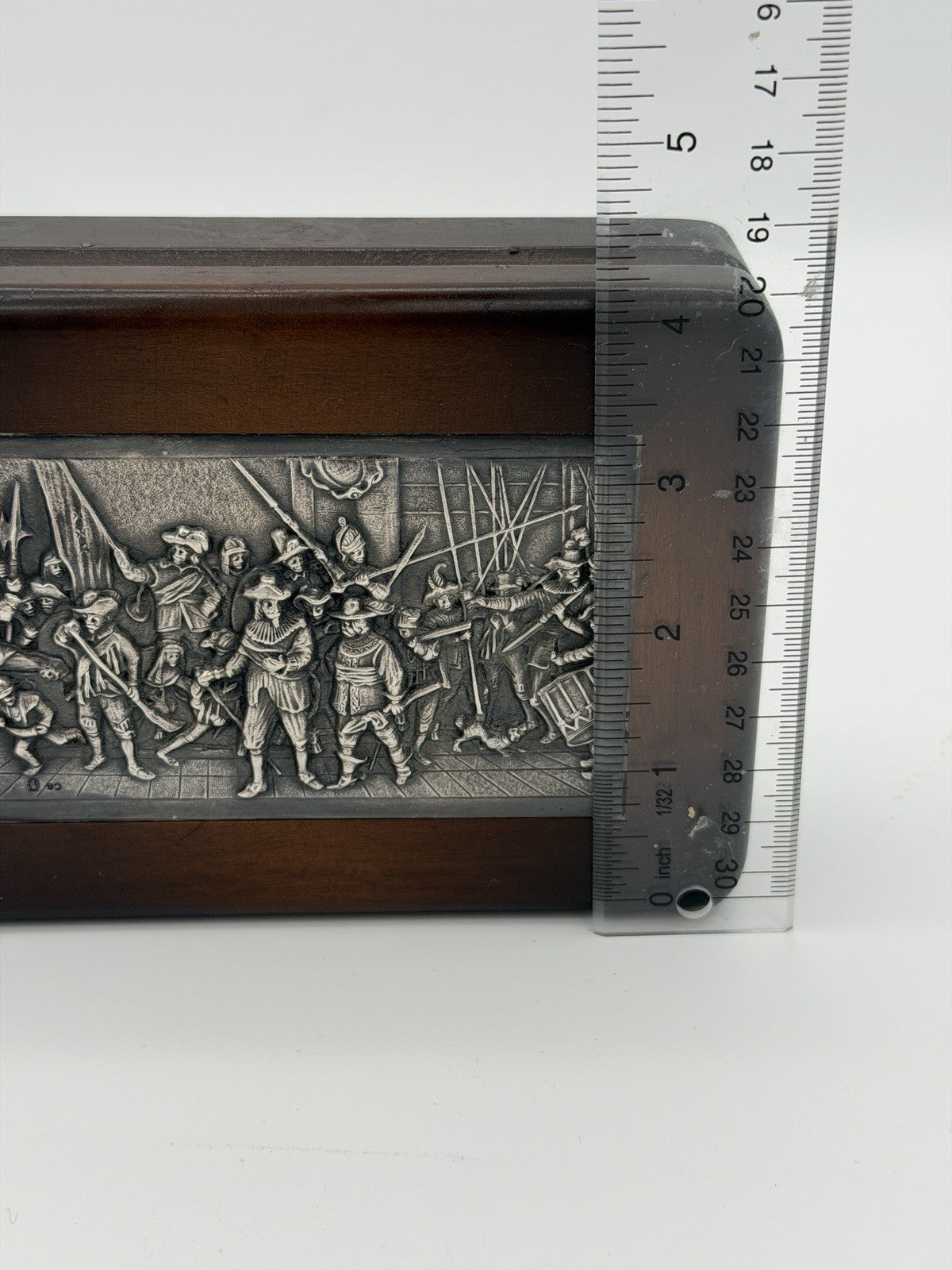 Antique Dutch Silver Mounted Wood Box Keepsake Folk Art Rembrandt’s Night Watch
