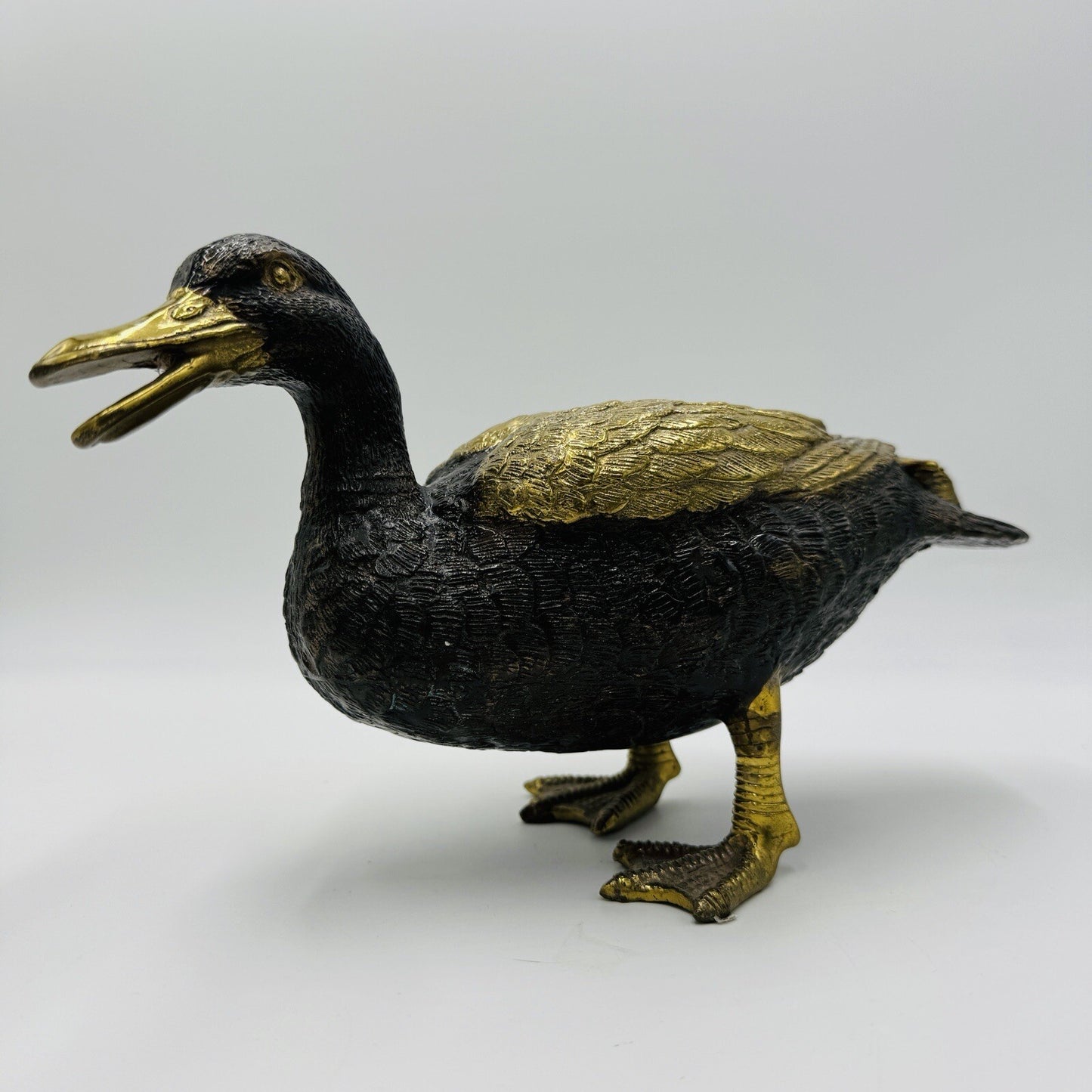 MCM Solid Brass Duck Mallard Sculpture Detailed Vintage 6in H x 11in L Rare