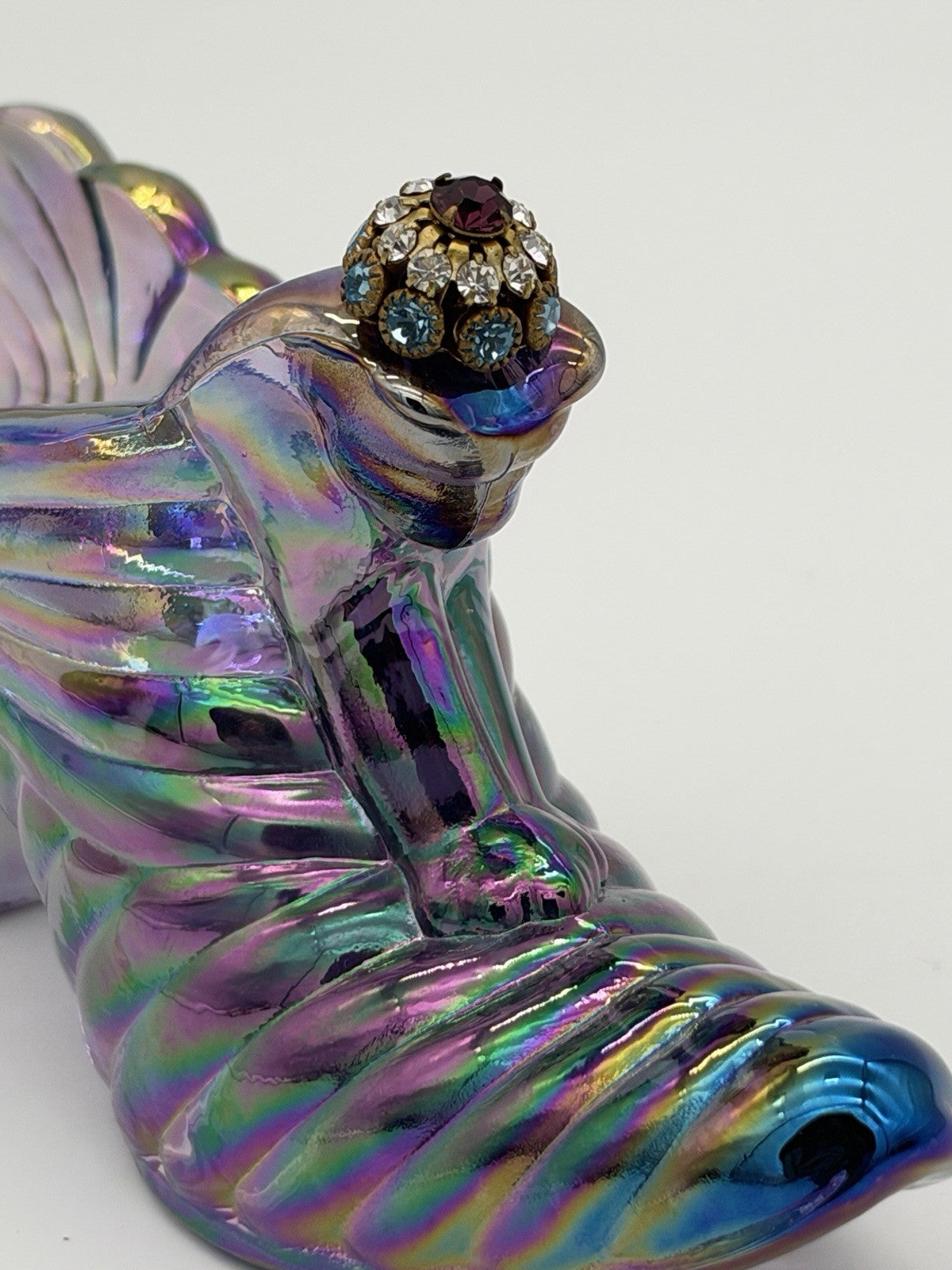 Fenton Carnival Art Glass Amethyst Iridescent Slipper Shoe Cat Head Rhinestone