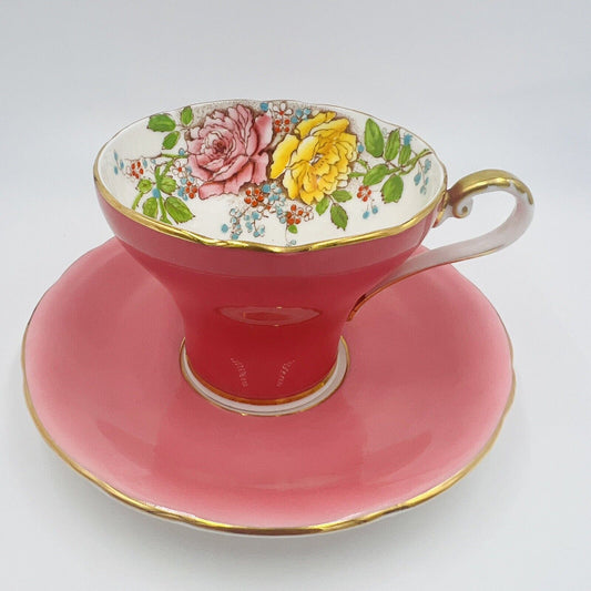 Aynsley Tea Cup and Saucer Set Cabbage Rose Pink Bone China T5025 Hand-painted