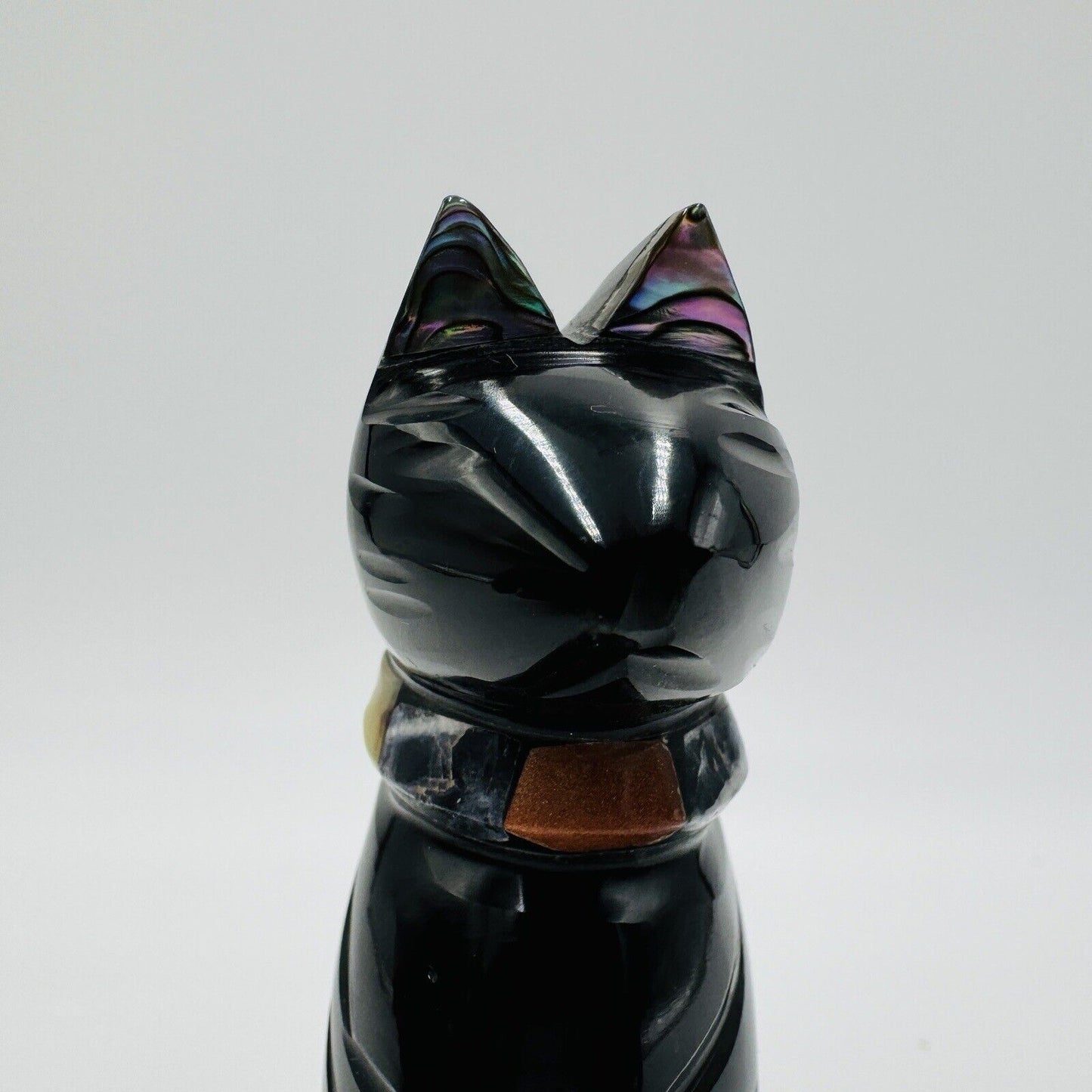 Carved Black Obsidian Cat Figurine Abalone Ears, Gemstone Collar 3.5in Signed