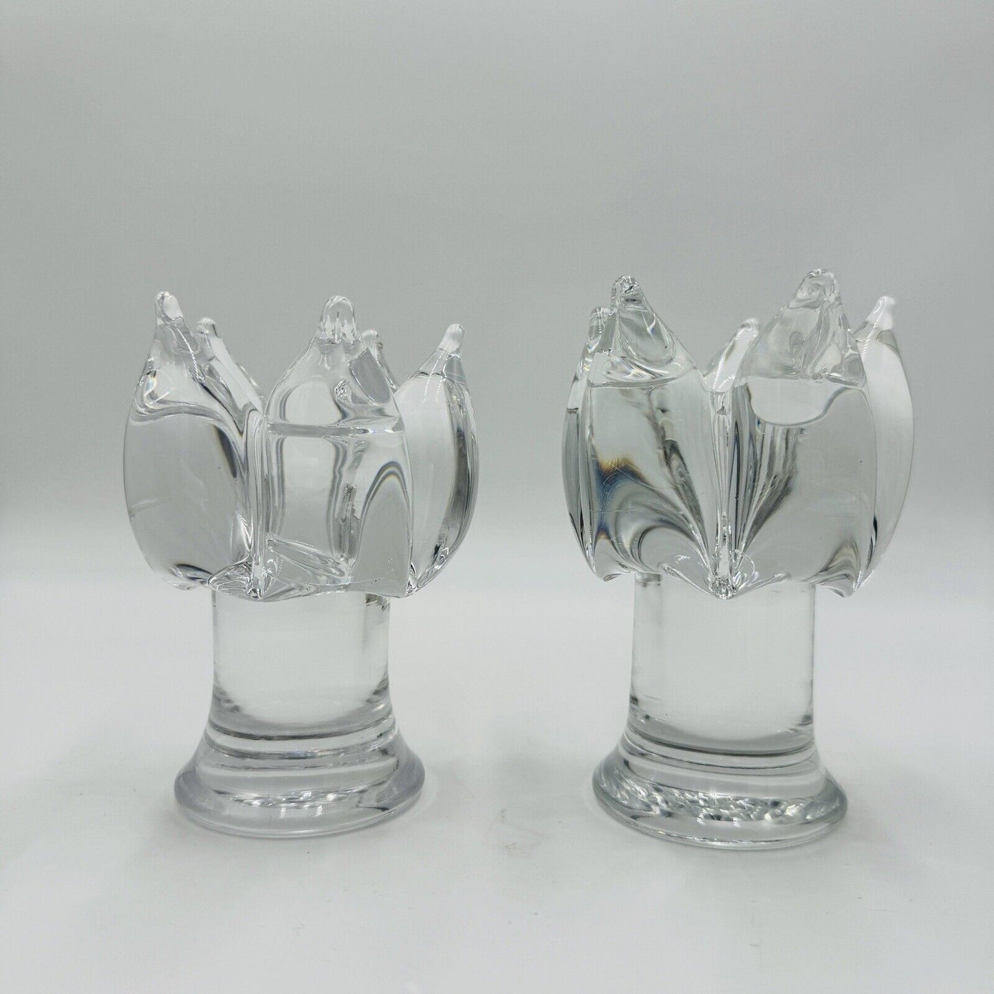 2 Kosta Boda Goran Warff Clear Glass Candlestick Holders 5.25in Signed Vintage