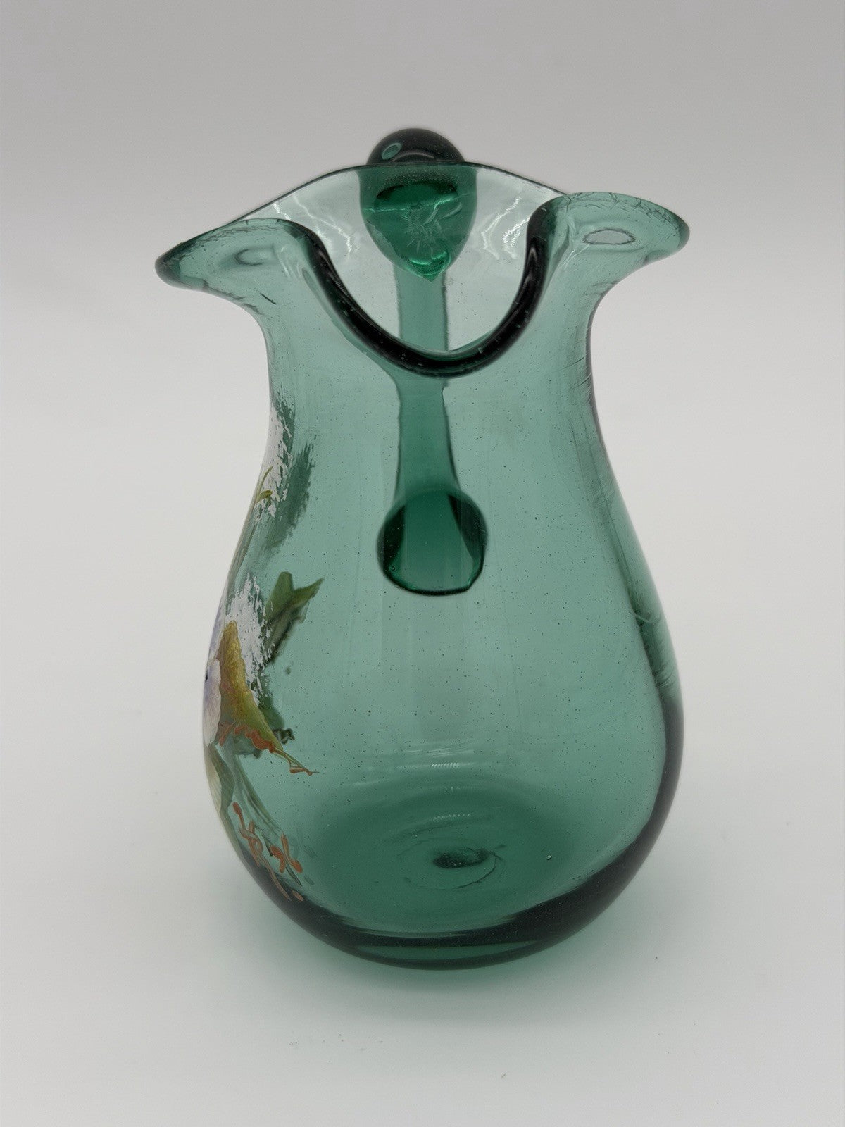 Vintage Joe Deanda Art Glass Pitcher Green Painted Pansies 4.5”H