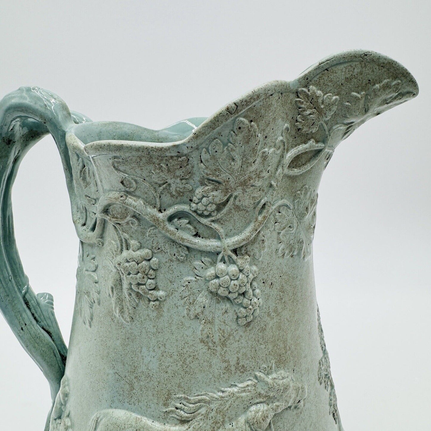 Parian Ware Relief Jug Pitcher Large Green Pottery Embossed Grapes Antique