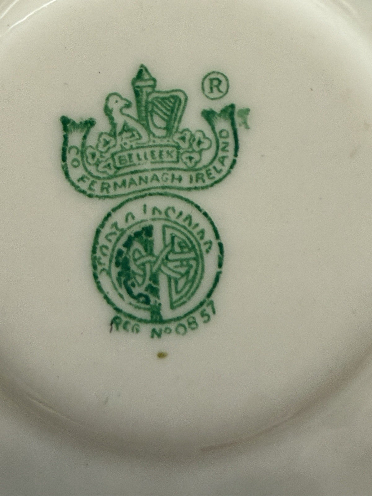 Belleek Ireland Porcelain 2ND GRN/1955 Shamrock Beige Saucer & Teacup Set