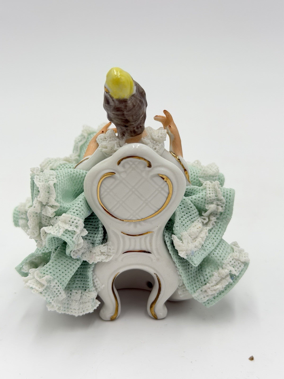 Vtg Dresden Germany Porcelain Victorian Lady Seated Green Lace Dress Figurine 3”