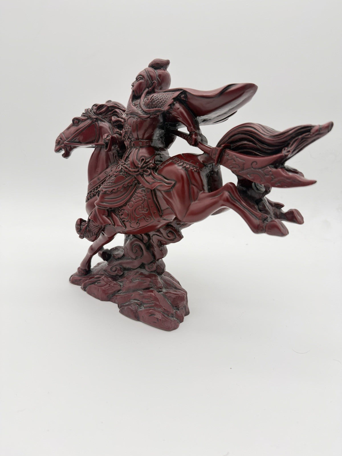 Large Chinese Red Resin Guan Yu Warrior Riding Galloping Horse Sculpture 10”x12”