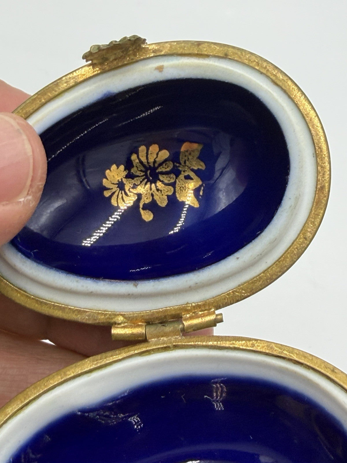 Limoges France Cobalt Blue Gold Courting Couple Porcelain Egg Trinket Box