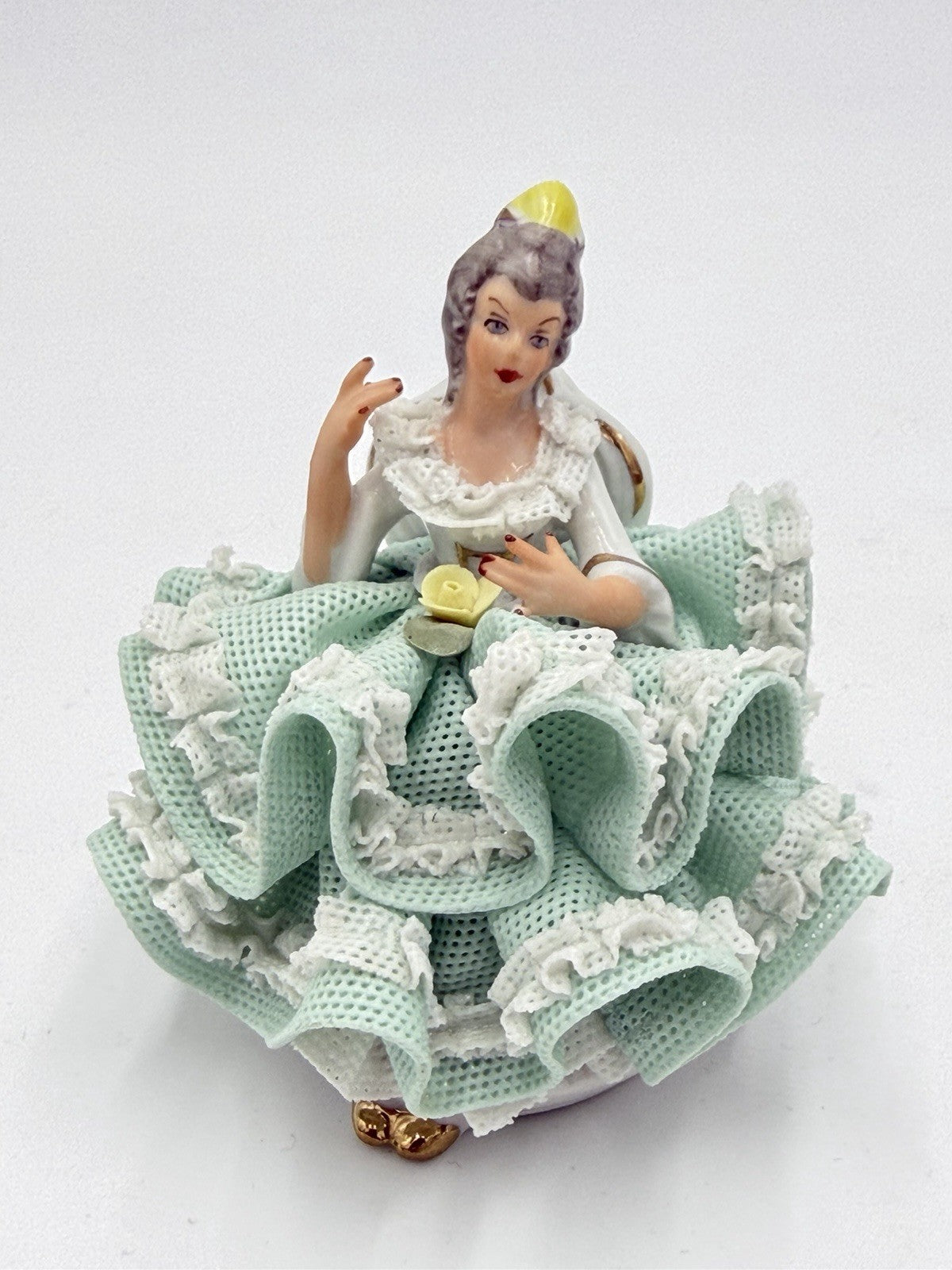 Vtg Dresden Germany Porcelain Victorian Lady Seated Green Lace Dress Figurine 3”