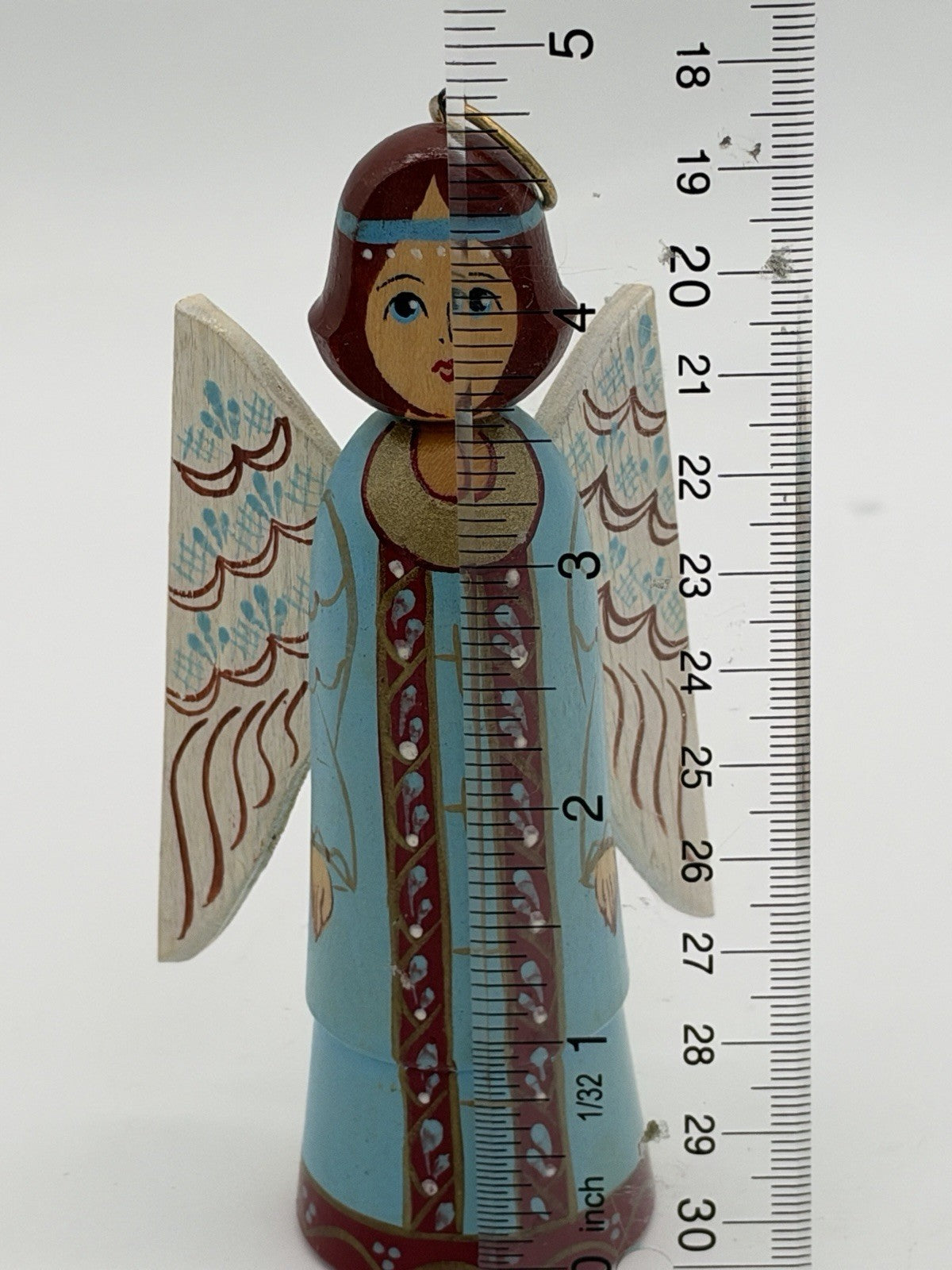 Vintage Folk Art 1998 Wood Carved Angel Christmas Ornament USRR