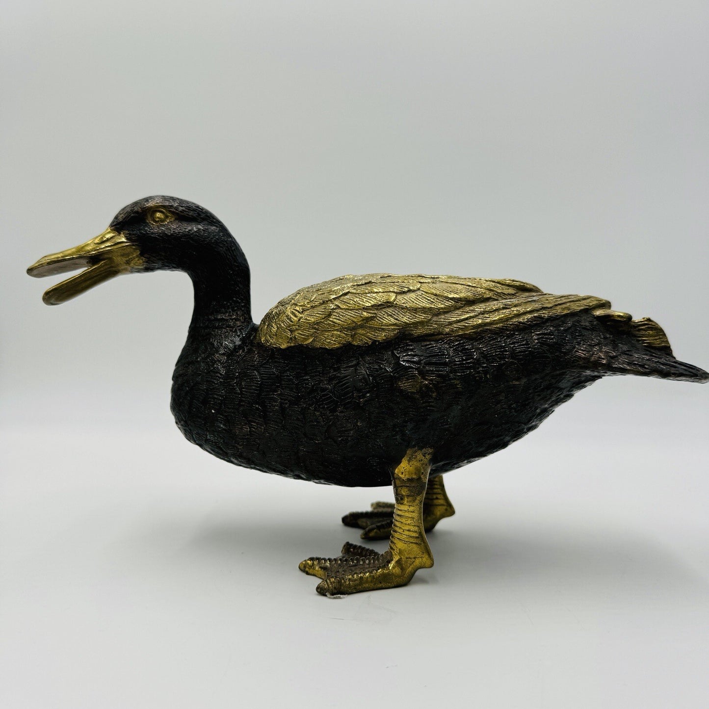 MCM Solid Brass Duck Mallard Sculpture Detailed Vintage 6in H x 11in L Rare