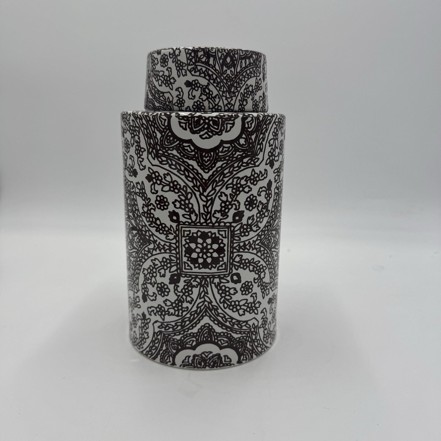 Pottery Barn Ceramic Brown/ White Floral Paisley Decor Canister Ginger Jar 9in