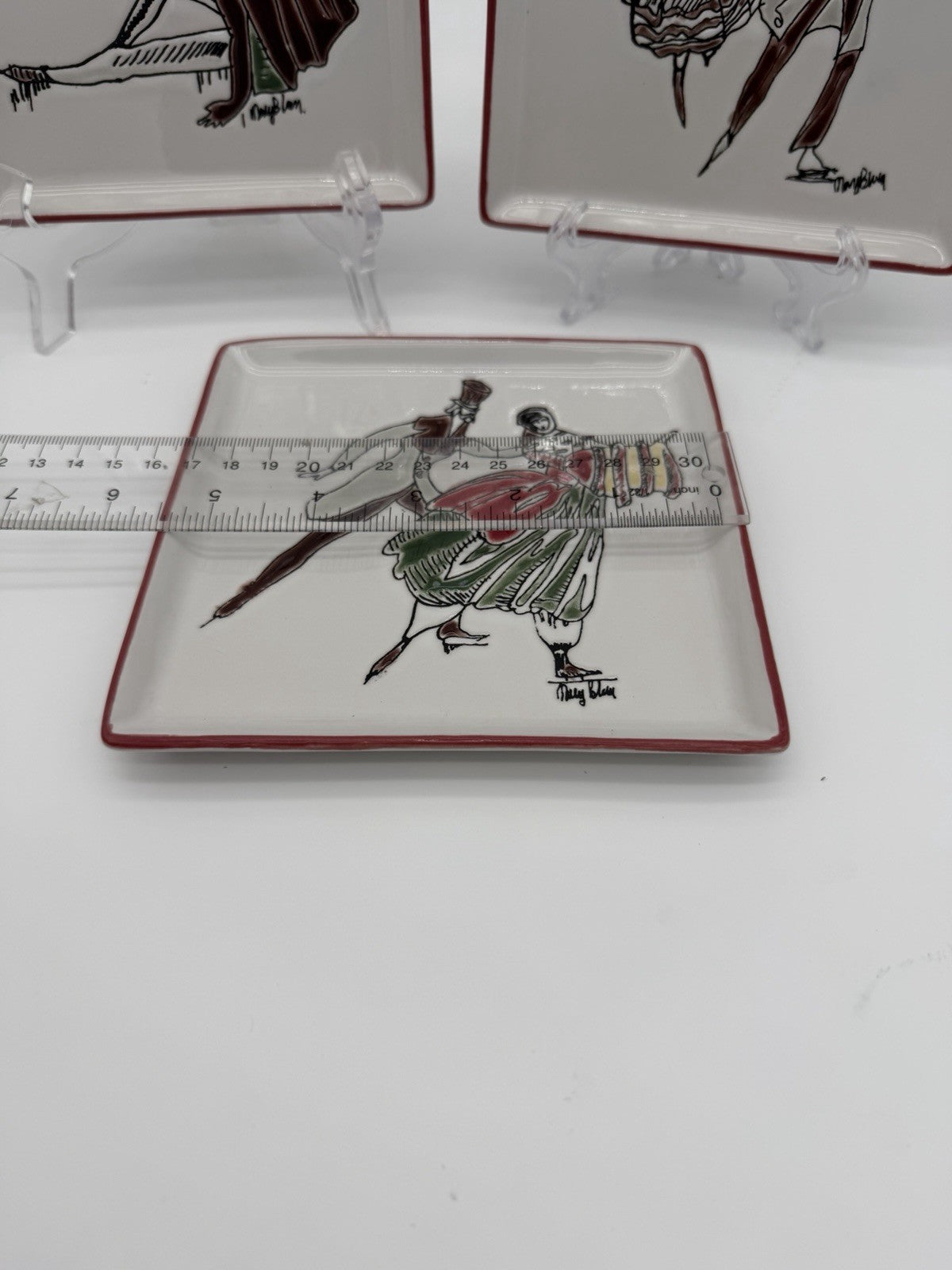 Rare Mary Blair Signed Stoneware Square Skating On Ice Trays Victorian Couples