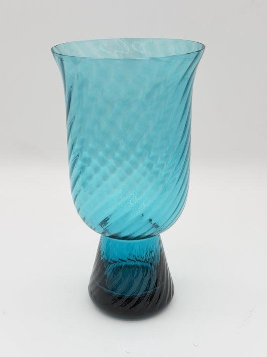 Empoli Italy Handblown Art Glass Diamond Optic Teal Pedestal Vase 8.5” Swirl