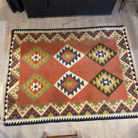 vintage kilim wool area rugs 81”L x 62” w  geometric artistry