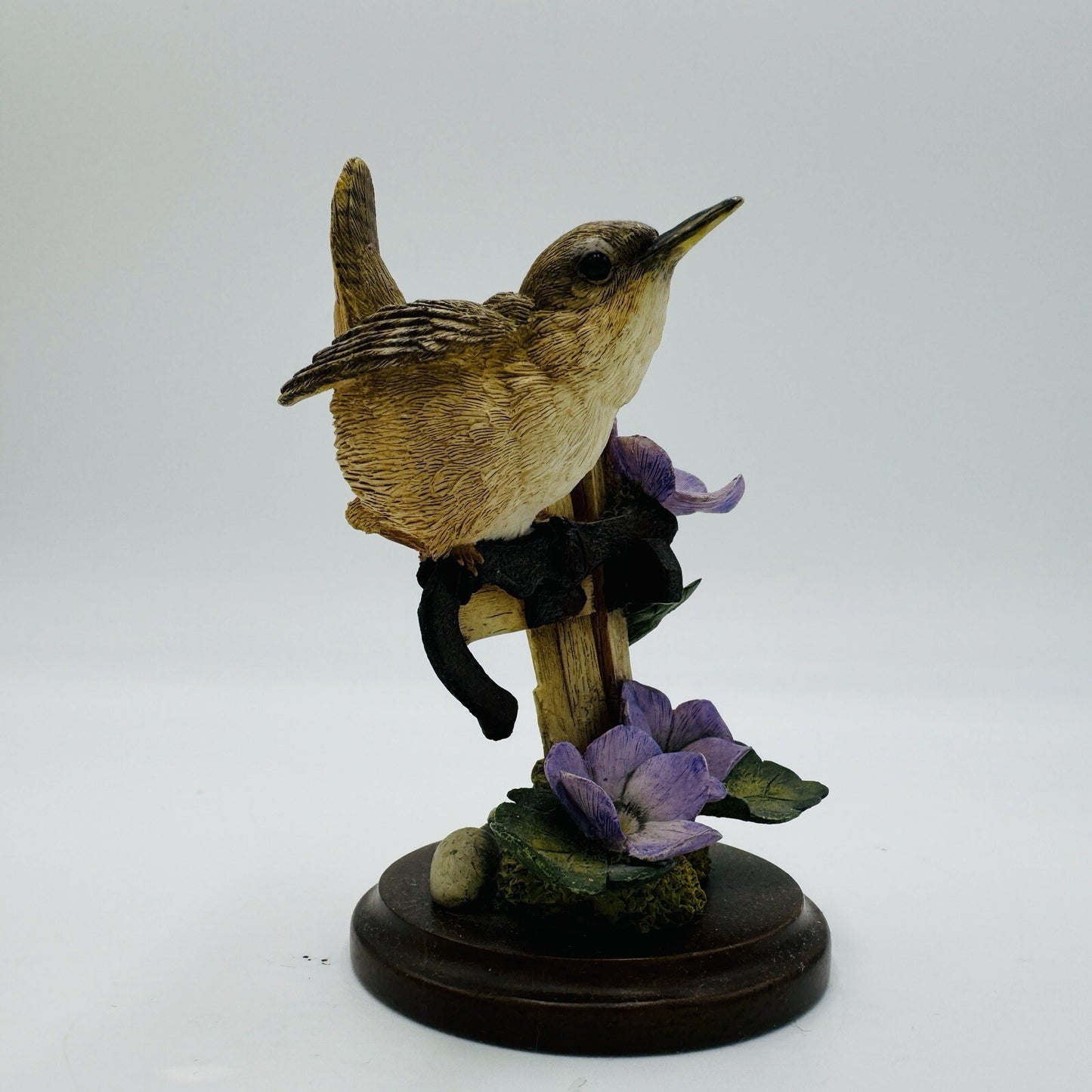 Country Artists Hand Painted House Wren w Violets Wood Base Figurine Vintage 4in