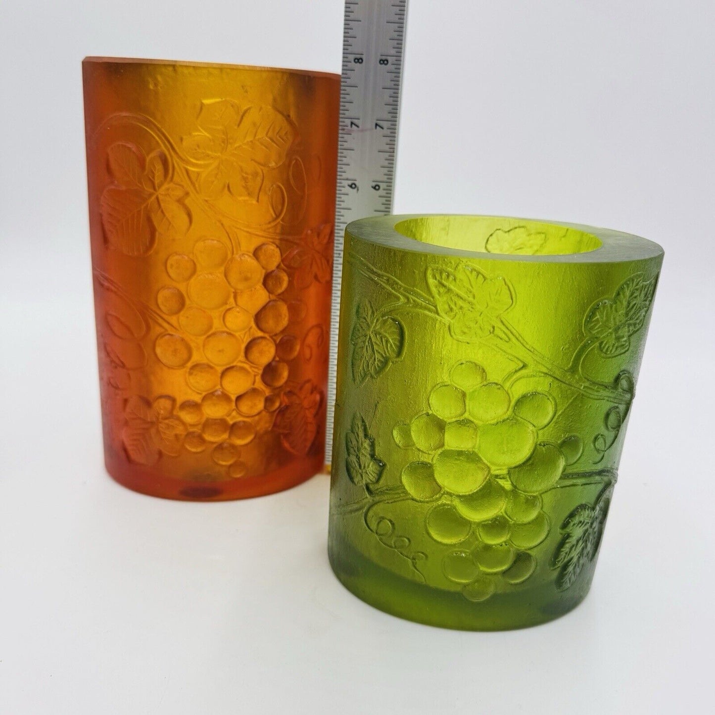 MCM Sascha Brastoff Candle Holder Vase Signed Green Amber Embossed Fruit