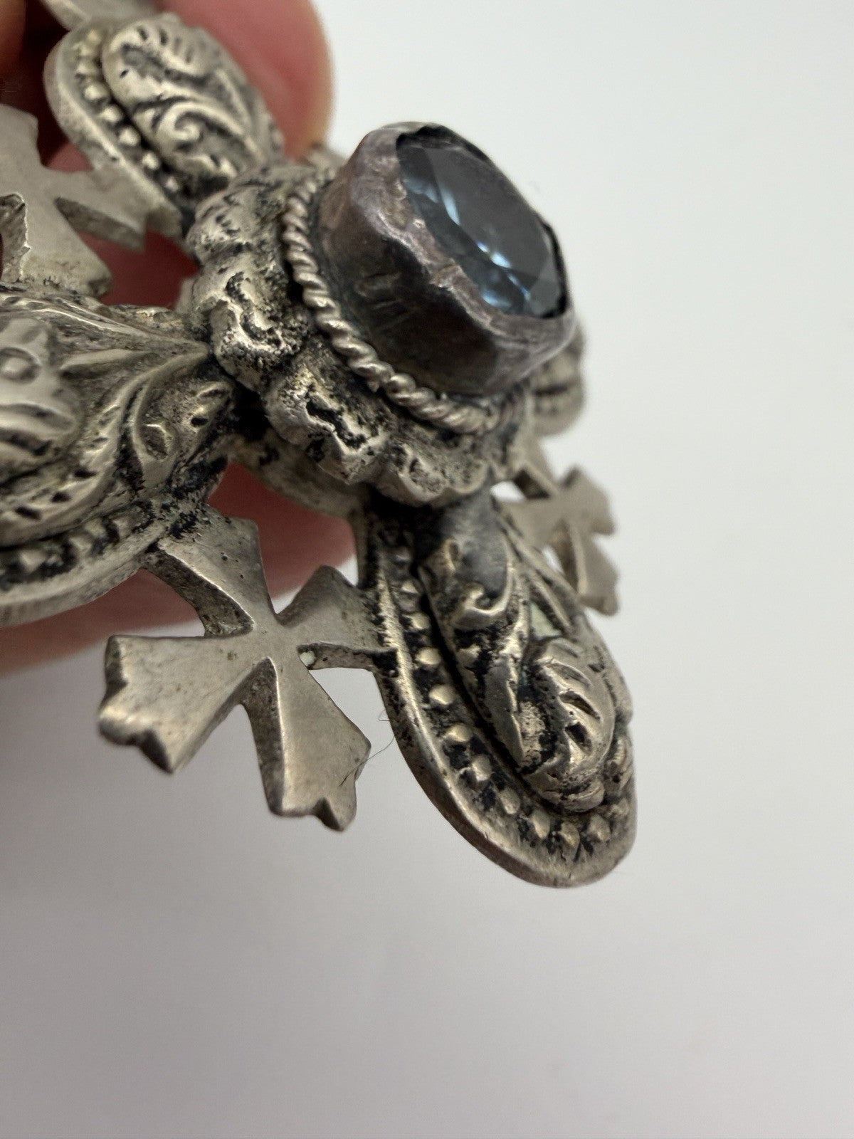 Vintage Ornate 950 Silver Jerusalem Cross 2.5”Pendant 33g Blue Onyx /cabochon