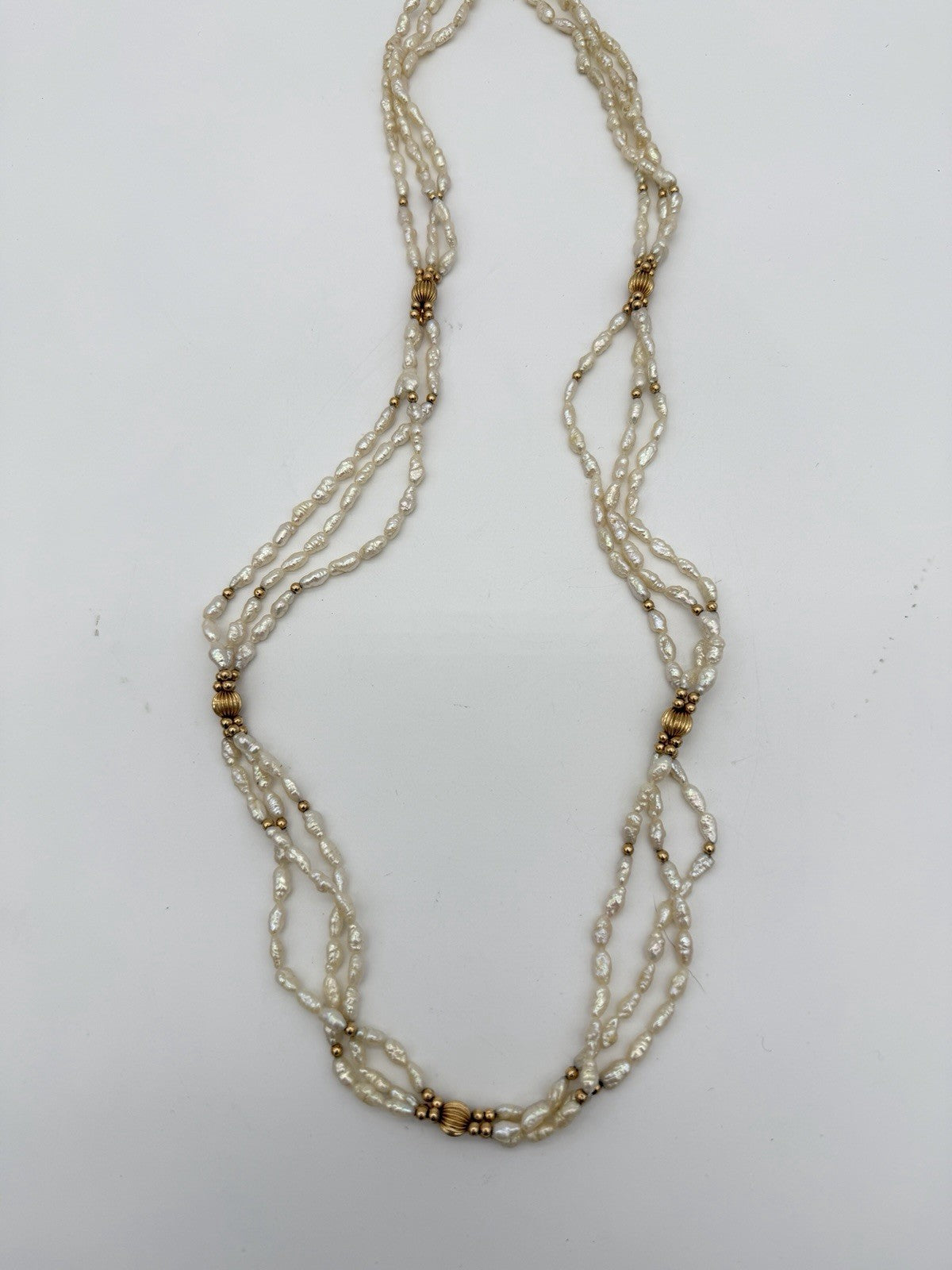 14K Yellow Gold Ribbed Beaded Freshwater Pearl Necklace Triple Strand 31”