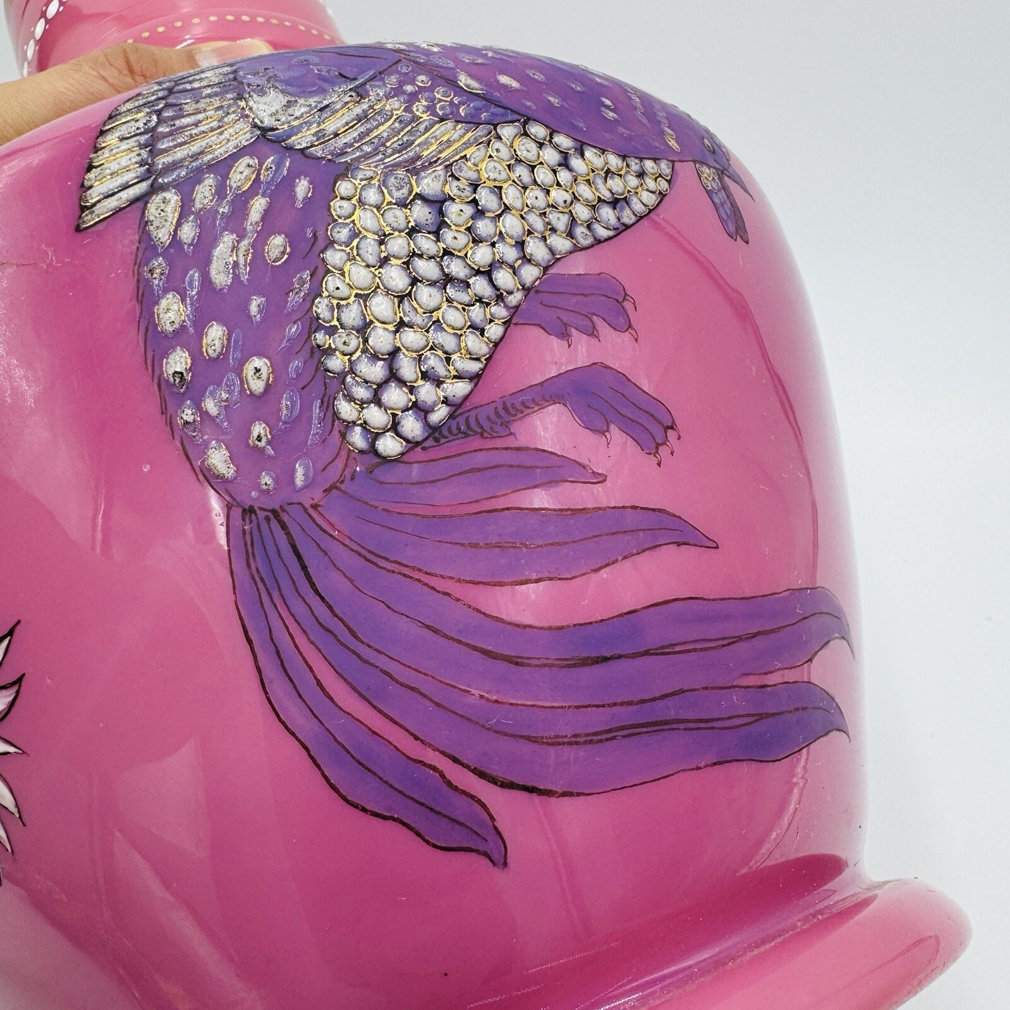 Victorian Aesthetic Pink Opaline Glass Vase Roosters Fighting Daisies Large Rare