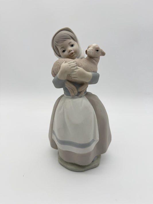 NAO By Lladro Spain porcelain Girl Holding Lamb/sheep 8”figurine Retired Matte