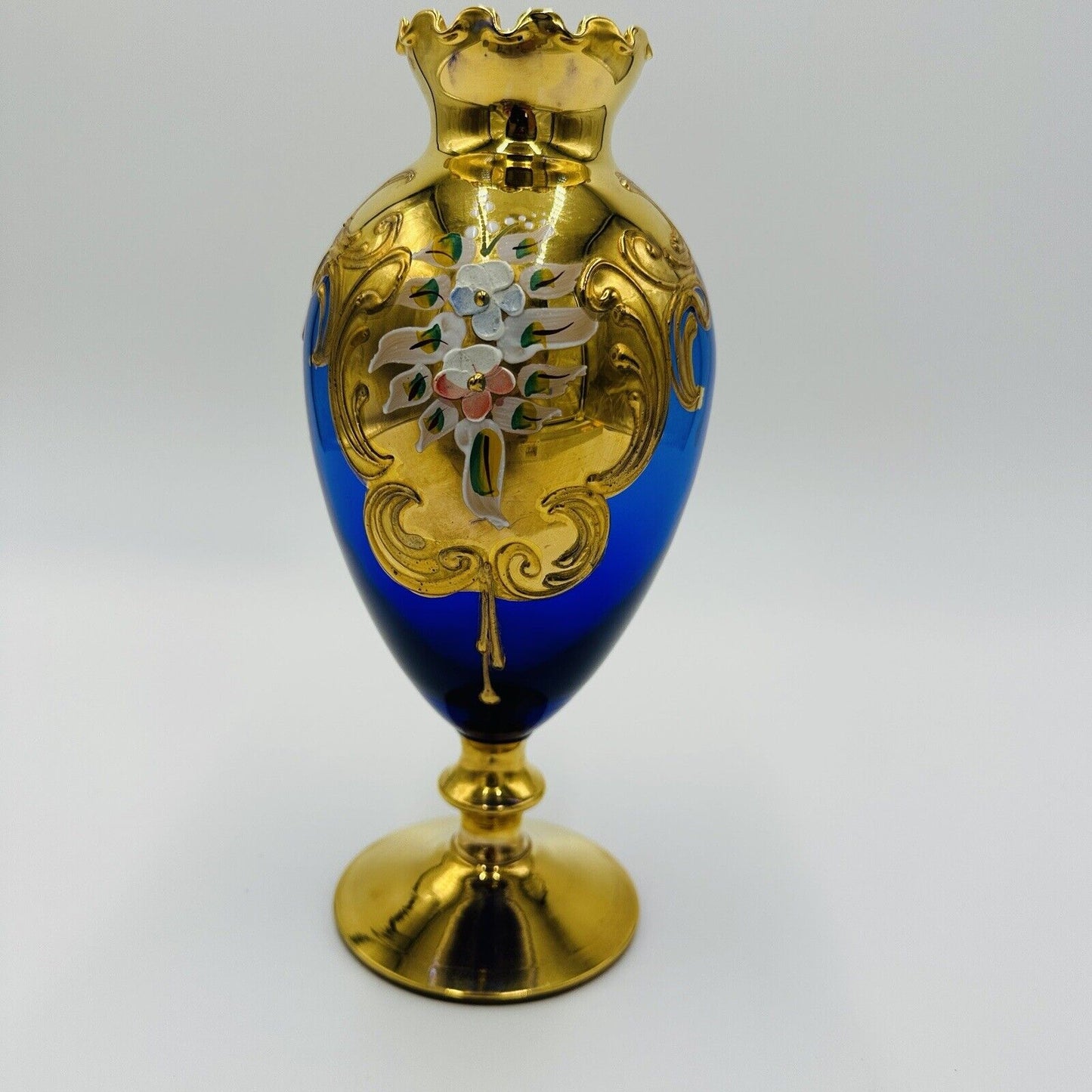 Venetian Italian Vase Cobalt Blue Ruffle Footed Gold Glass Floral Applique