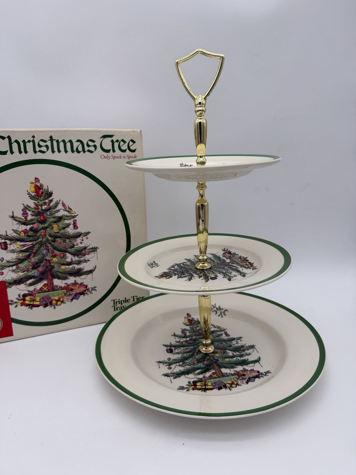 Spode Christmas Tree Triple 3 Tier Serving Tray Cookie Stand England Porcelain B