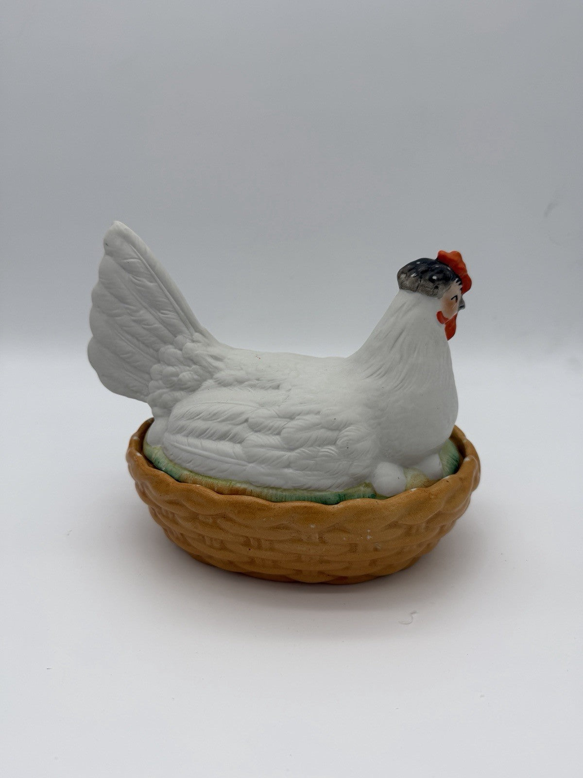 Antique Staffordshire Bisque Porcelain Hen Chicken on Nest Bowl Box Eggs England