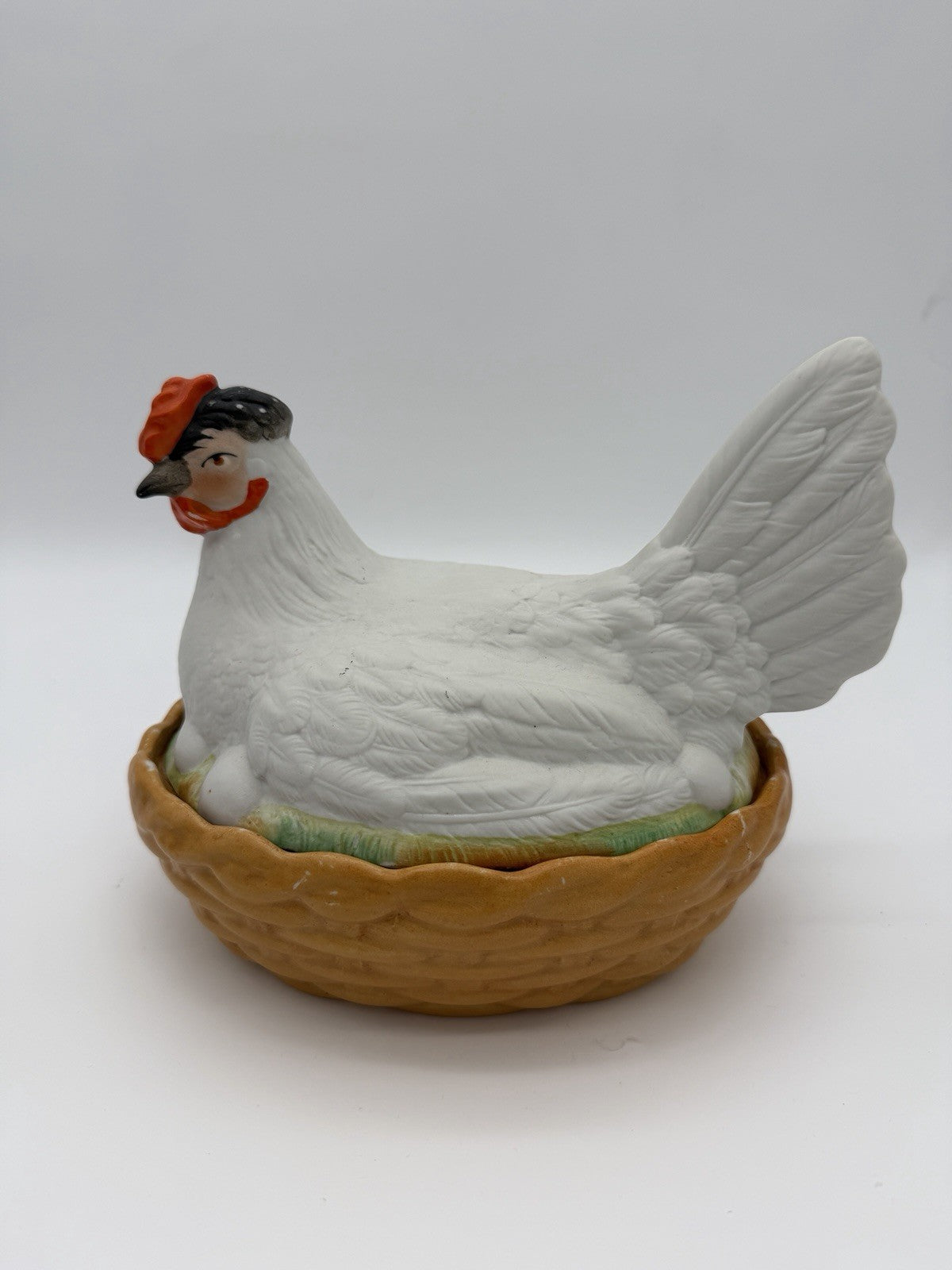 Antique Staffordshire Bisque Porcelain Hen Chicken on Nest Bowl Box Eggs England