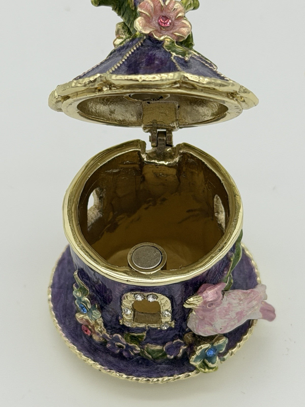 Enamel Purple Gold Gilt Birdhouse Trinket Box Jewelry Box Pink Purple Metal 2”