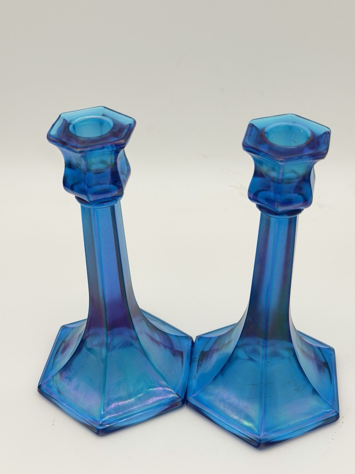 Fenton Florentine Celeste Blue Iridescent Carnival Art Glass Candle Sticks