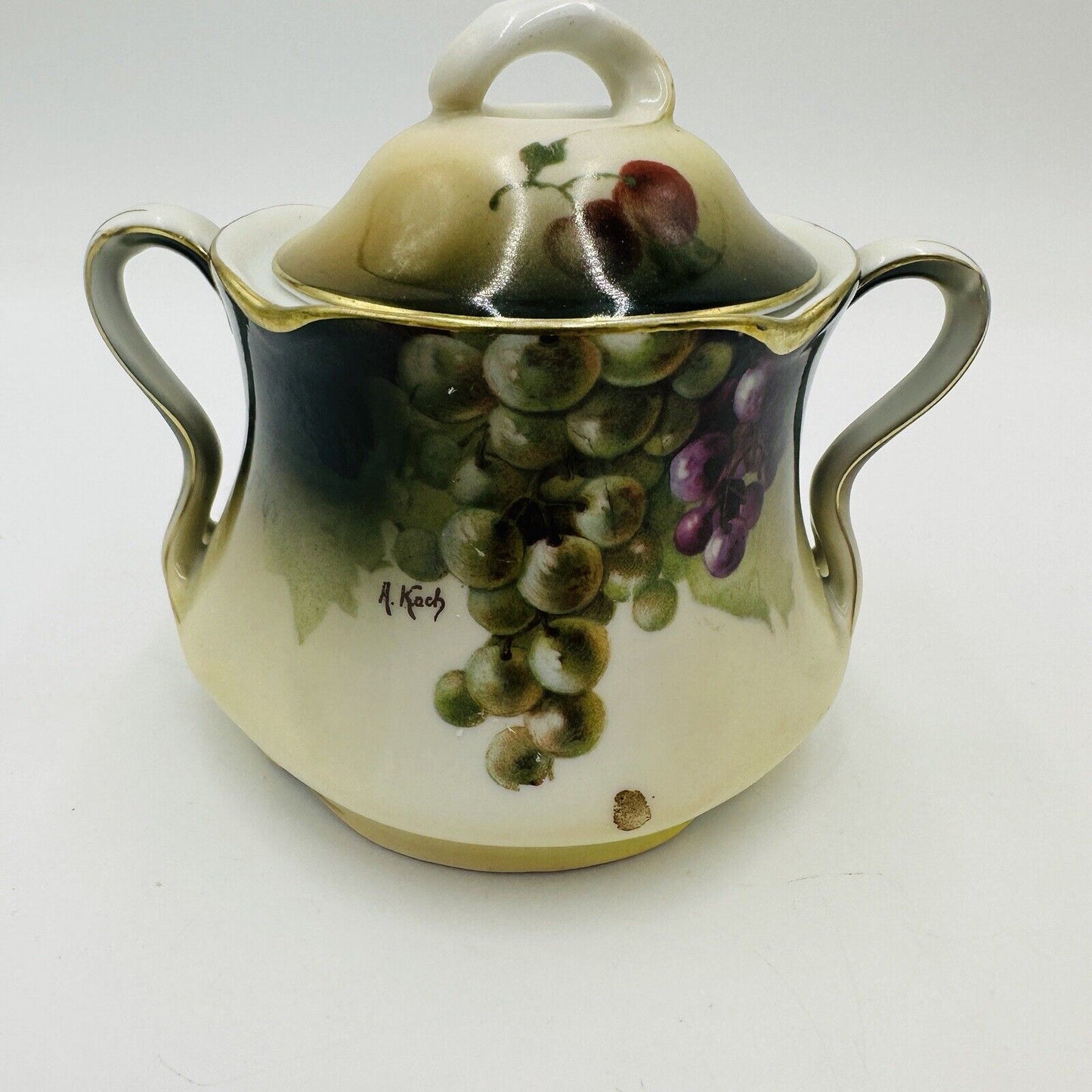 J & C Bavaria Sugar Bowl Louise Lid Hand Painted Grapes Vine Antique Porcelain