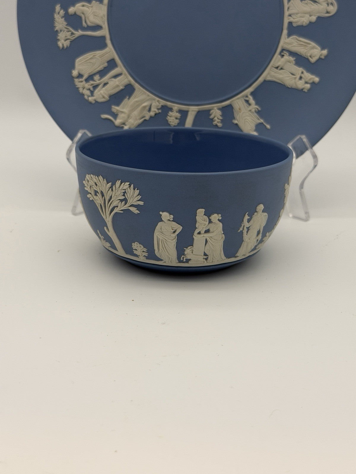 Wedgwood Jasperware England Blue/white Plate & Bowl Porcelain Set Vintage