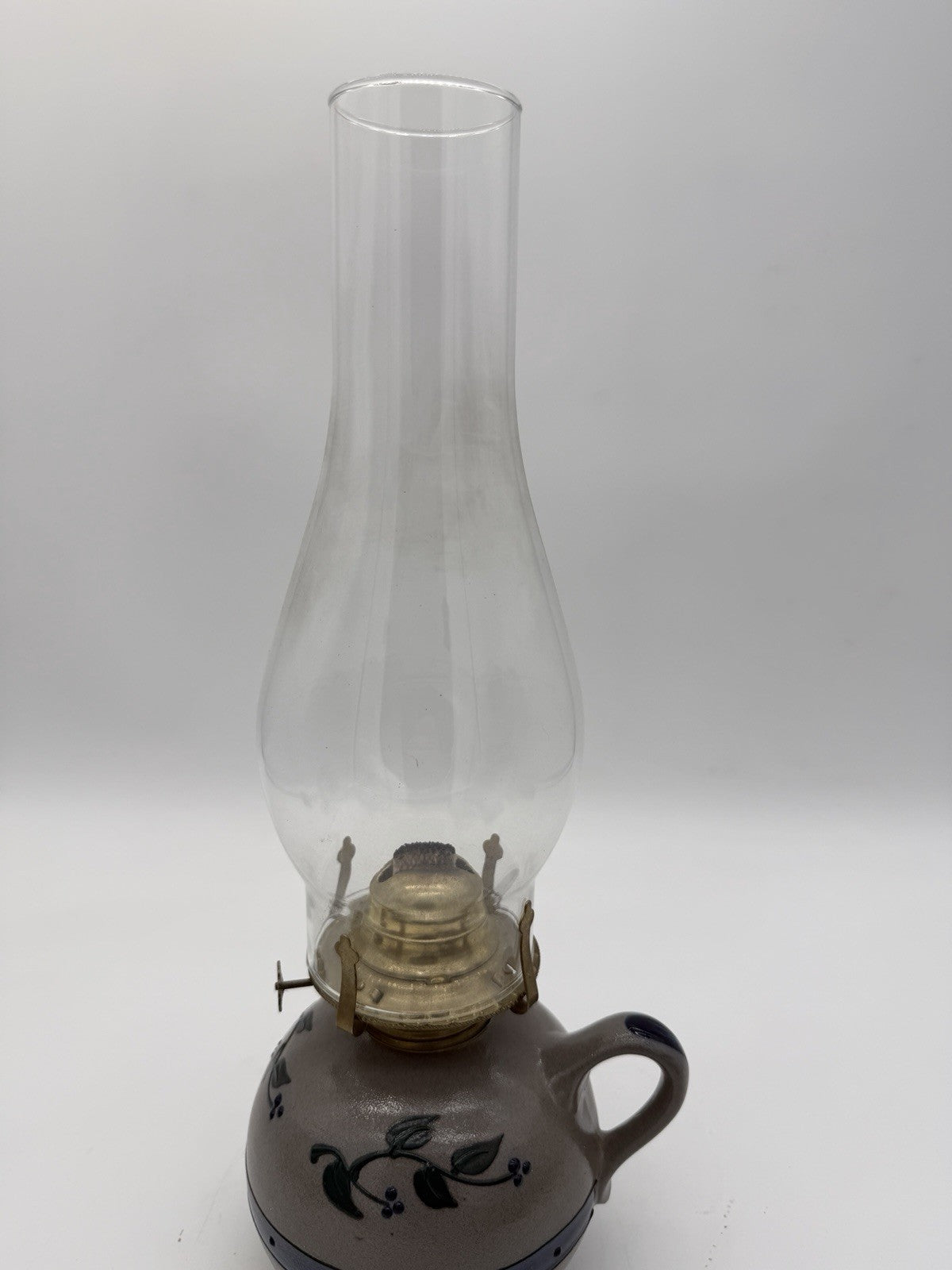 Rare Rowe Pottery Works Salt Glazed USA Oil Lamp Floral Pattern Painted 15”