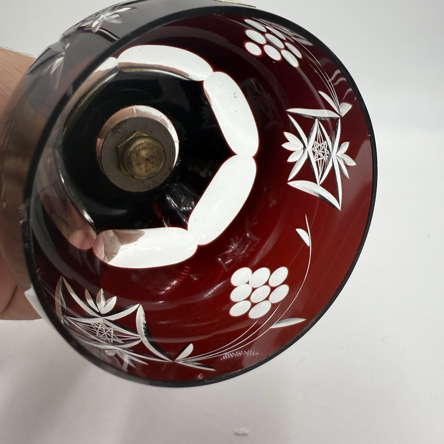 Vtg Ruby Red Art Cut Glass Crystal Bell Ornate Gold Tone Brass Handle Poland