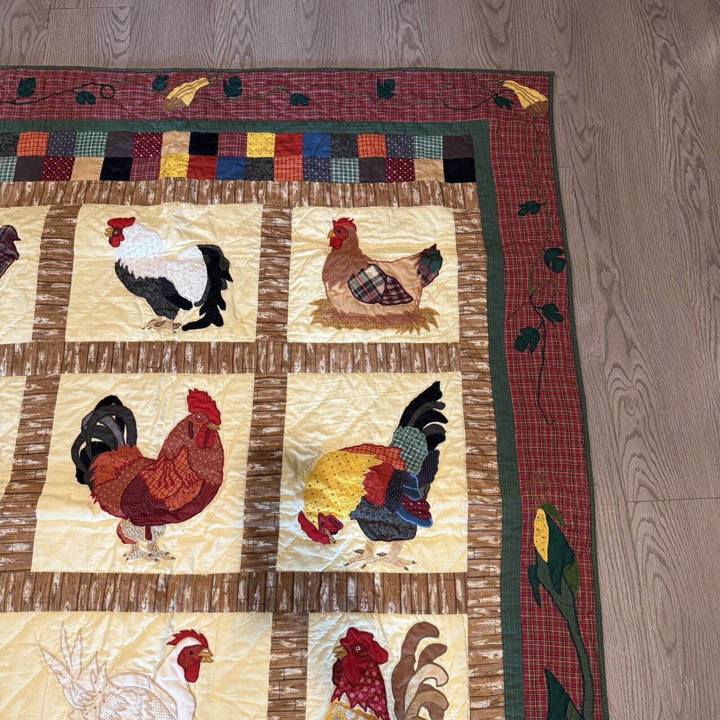 Patch Magic Hand Appliqued Quilted Rooster Throw 50"W x 60"L