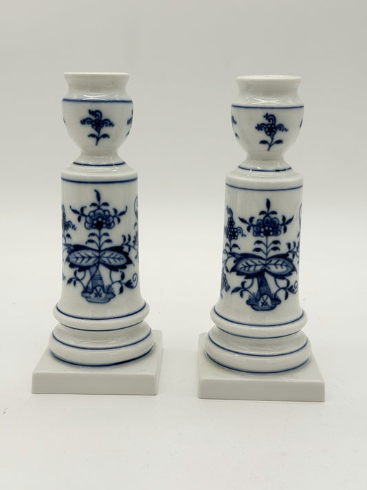 Antique Meissen Porcelain Blue Onion Candle Holder 6” Pair Germany Hand Painted