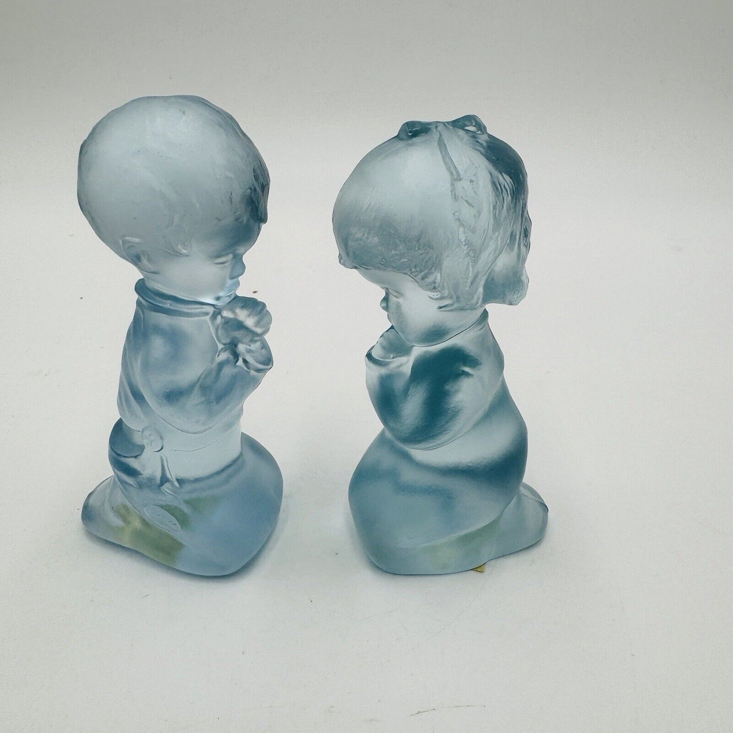 Fenton Art Glass Frosted Babies Blue Girl & Boy Kneeling Praying Figurines 3.5in