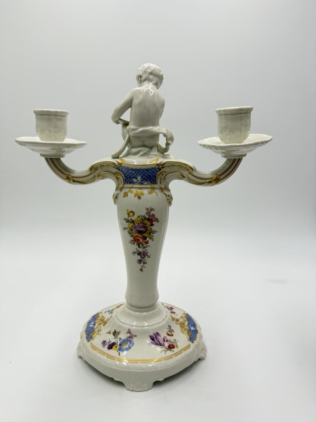 Rare 19th C KPM Berlin Rocaille porcelain candelabra kneeling reading putto 14”