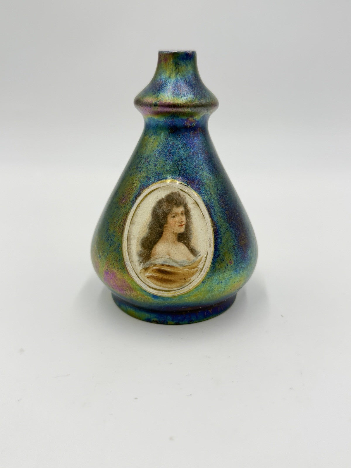 Heliosine Art Nouveau Austrian Iridescent Portrait Cameo Woman Vase 4.5” Antique